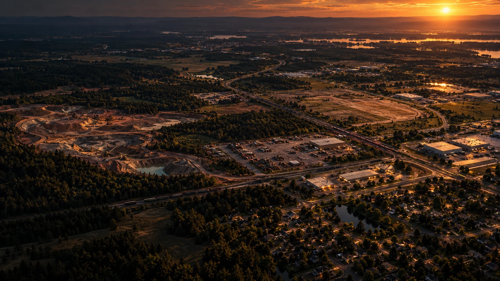 Golden-hour aerial of an open-pit mine, forest, rail line, scrap yard and industrial buildings