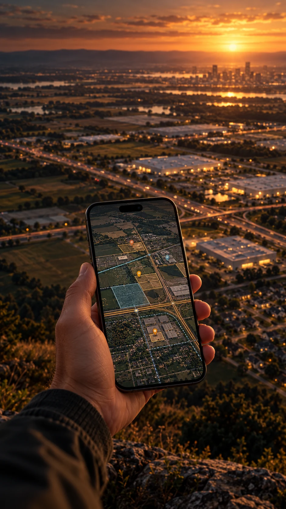 A hand holding a phone showing the Rhydera map over the real landscape at sunset