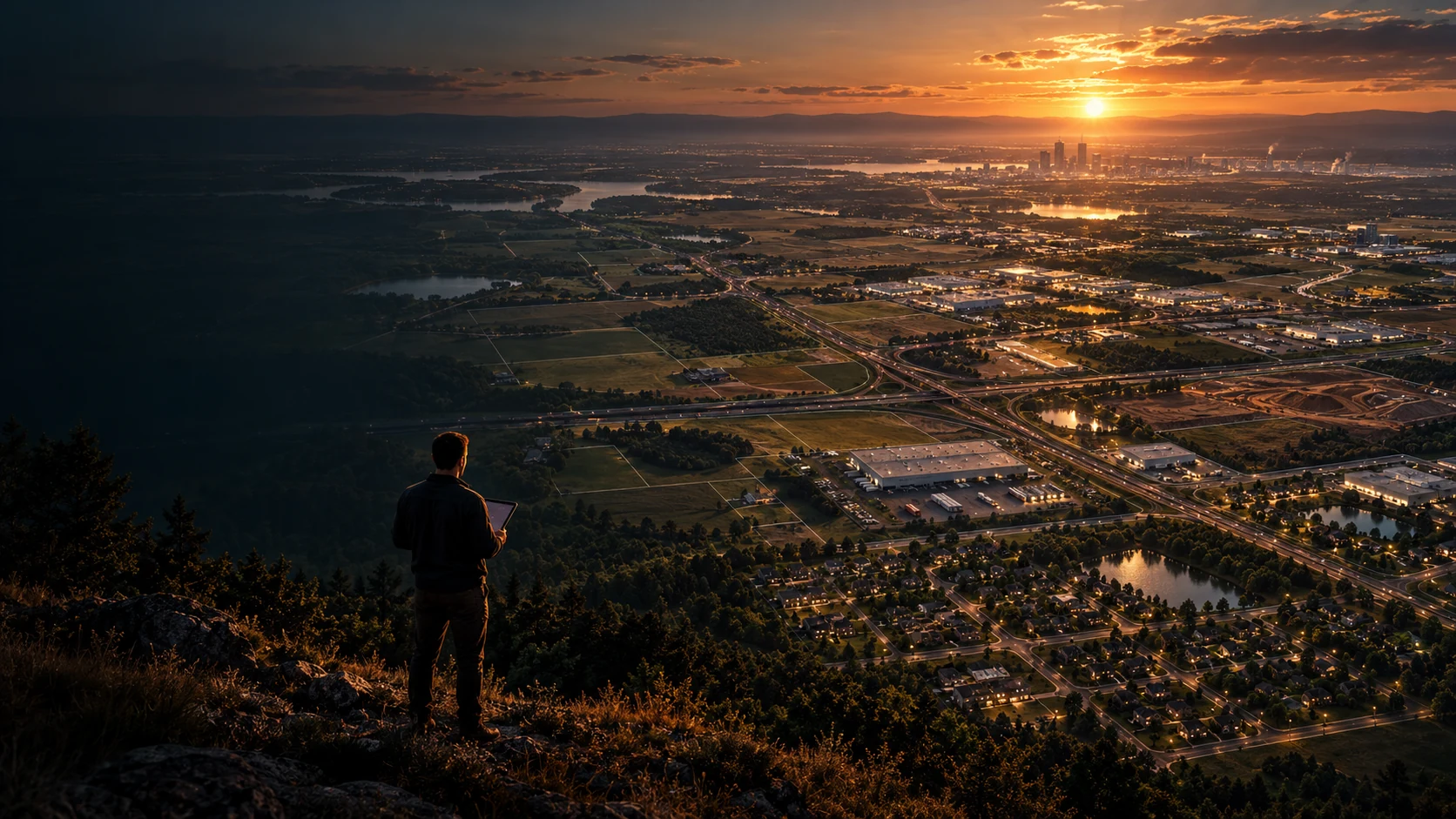 Operator on a ridge at sunset surveying a real mixed-use region: fields, highway, warehouses, suburbs, earthworks and a distant city