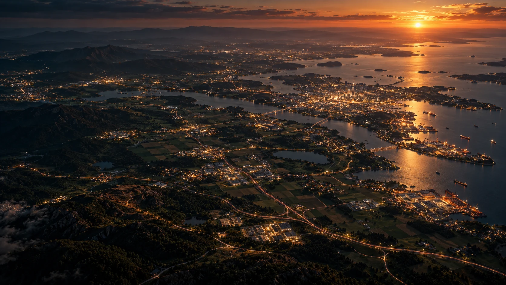 Twilight view of a coastal region: harbour, city, farmland and roads lit at dusk